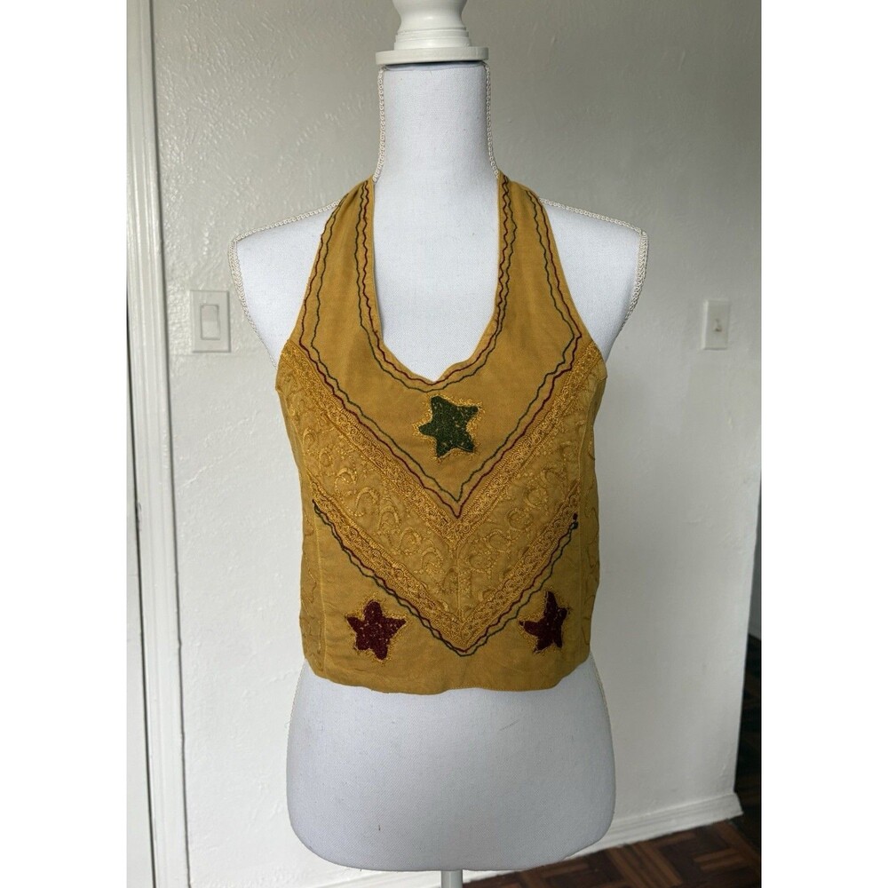 Caribbean 100% Rayon Embroidered Yellow Mustard Halter Cropped Top One Size